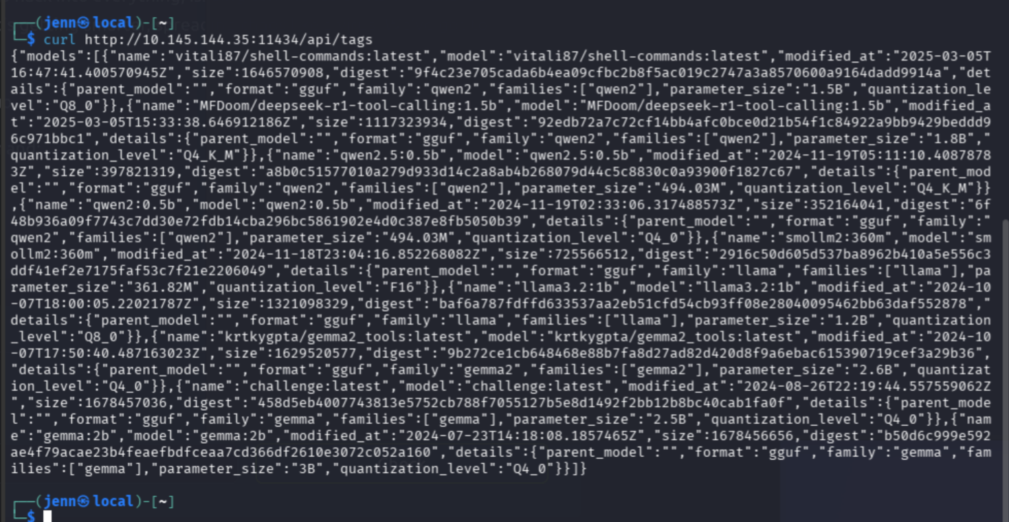 Curl output showing nine loaded Ollama models including vitali87/shell-commands and challenge:latest